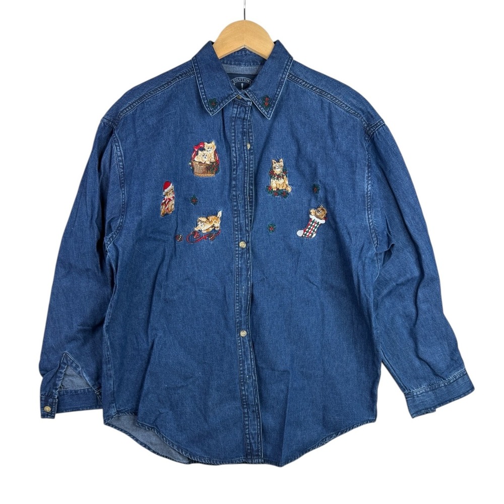 Vintage SOLUTIONS Denim Button Up Shirt Christmas Cats Embroidered Medium
